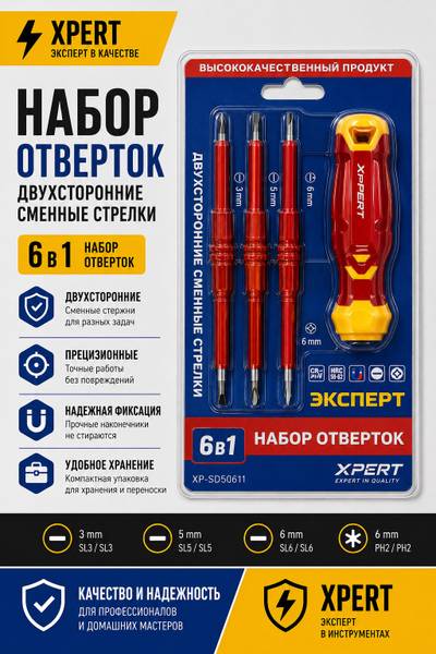 Набор отверток- диэлектрических 6в1 (двух-смен-стержни)
